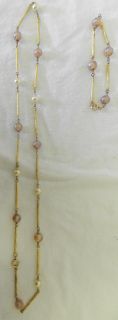   Costume Pink Pearl Gold Bead Gold Tube Necklace Bracelet Set
