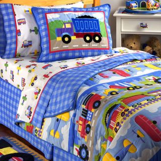 Blue Red Choo Train Planes Dump Truck Queen Bed in Bag
