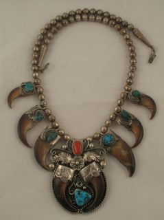 Vintage Navajo Faux Bear Claw Turquoise Coral Sterling Squash Blossom 