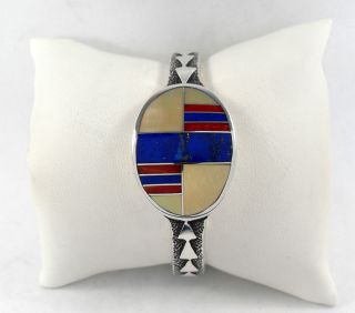 Native American Ben Nighthorse Sterling Silver Oval Top Inlay Bracelet 