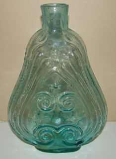 Antique Aqua Scroll Flask with Open Pontil