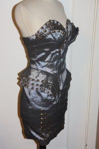 Abyss $250 Belladonna Studded Peplum Stretch Dress Silver Gorgeous Sz 