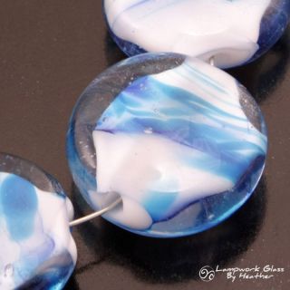 Handmade Lampwork Bead Set Aqua Blue White Swirls Beads Frit Lentils 