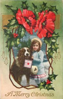 Christmas Victorian Girl Saint St Bernard Dog Art Nouveau Poppies 
