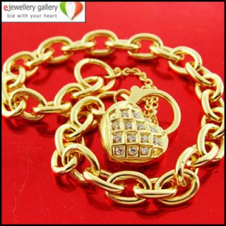 14k Yellow Gold G P Solid Heart Cubic Zirconia Charm Padlock Bracelet 