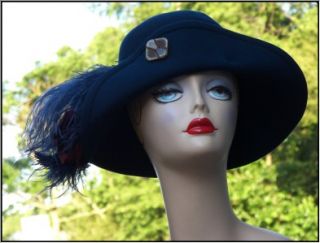   Navy Wool Felt Feather Plume Flower Celluloid Button Betmar Hat