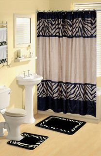   Zebra Safari Animal Print 17 Pc Bath Rug Shower Curtains Hooks Towel