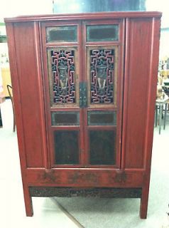 GORGEOUS ANTIQUE CHINESE ARMOIRE/CABINET (RED) with CARVING/PAINTINGS 