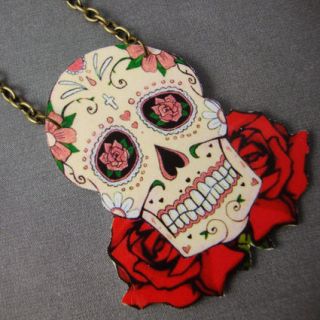 Sugar Skull Day of the Dead Tattoo Rose Necklace Kitsch Rockabilly 