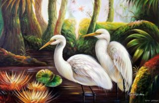 Egret Heron Pair Birds Florida Everglades 24x36 Stretched Oil Painting 