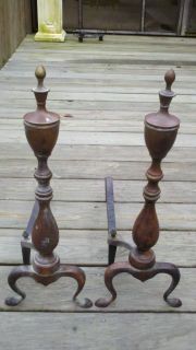 Vintage Brass Andiron Pair Footed Fire Dogs Deco Log Hearth Set 
