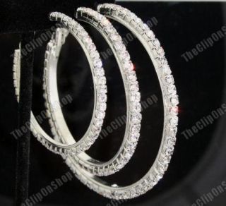 Clip on Diamante Crystal Rhinestone Big Hoop Earrings