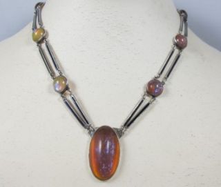 Vtg Art Deco Sterling Enamel Dragons Breath Jelly Opal Necklace Choker 