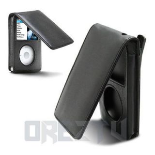 Black Leather Skin Flip Case With Belt Clip Cover For Apple iPod Video 