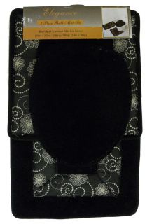 Black Floral Embroidered 3Pc Bathroom Mat, Rug Set Contour Mat & Lid 