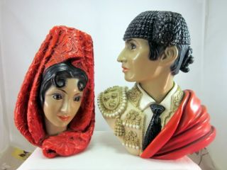 Vintage 1960s Marwal Chalkware Spanish Matador Lady Head Bust Statues 