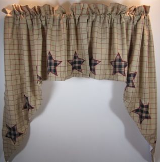 Country Red Black Tan Plaid Bingham Star Lined Cotton Swags 72x36 