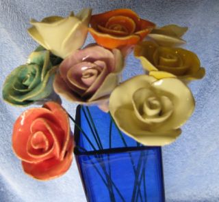 Polish Ceramic Pottery Rose Flower 10 Wire Stem Choose Color Stocking 