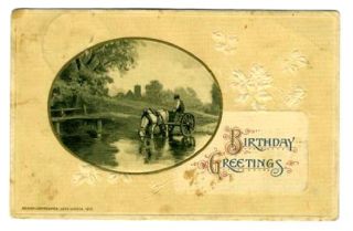 Winch Birthday Greetings Postcard 1912 Horse Wagon Pond