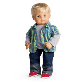 NIB American Girl BITTY TWIN Boy PLAID and DENIM Outfit Book Shoes Top 