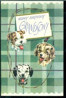 Vintage Greeting Card Happy Birthday Grandson Puppies Dalmation Cocker 