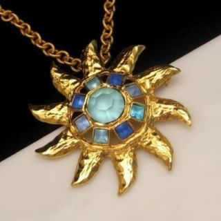   Large Star Sun Brooch Pin Pendant Necklace Blue Glass Stones