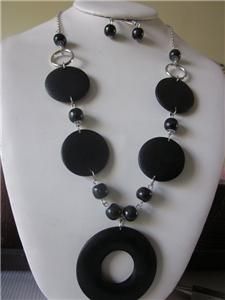 black color wood circle pendant flat circle wood bead necklace earring