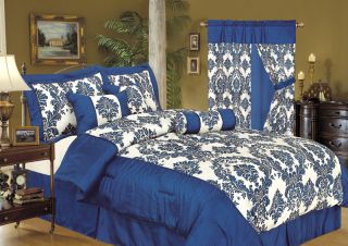 7pcs Queen Louisa Flocking Blue Bedding Comforter Set