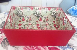 Handled Red Leather w Roses Basket or Office Organizer