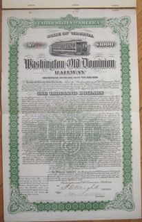 1911 Gold Bond Certificate Washington Old Dominion Railway Virginia 