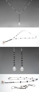   Cultured Pearl & Black Diamond Necklace & Earrings Set 18K White Gold