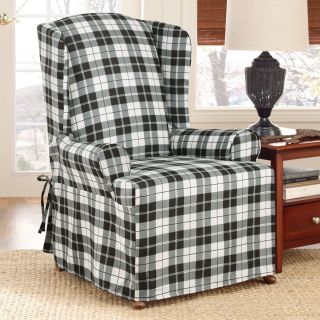 Sure Fit Soft Suede Black and White Plaid Wing Chair Slipcover