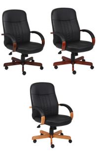 Black Leather Desk Office Chair with Wood Base Arms B8376