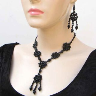 Victorian Art Black Flower Beaded Necklace Earrings Set