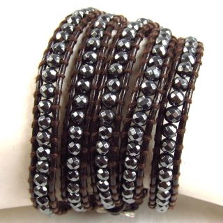 Hematite beads on brown leather multi wrap bracelet handmade K26