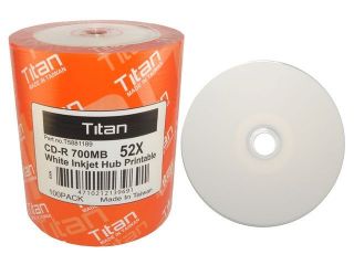 100 Titan Brand 52x Blank CD R CDR White Inkjet Hub Printable Disc 
