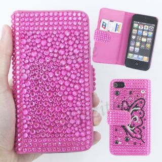 Pink Butterfly Diamond Bling Wallet Card Slot Leather Case for Apple 