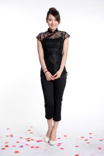   Chinese Cheongsam Tong Blouse Qipao Top w Lace Black 1pc