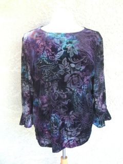 Coldwater Creek Purple Blue Velvet Floral Rose Burnout Shirt Top Sz XL 