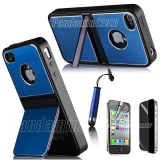 Blue Aluminum TPU Hard Case Cover W Chrome Stand For iPhone 4 4S 
