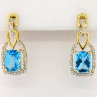 14k Antique Cushion Cut Blue Topaz Diamond Earrings
