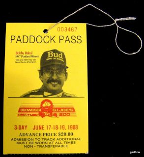Paddock Pass 1988 Portland Grand Prix Bobby Rahal Photo