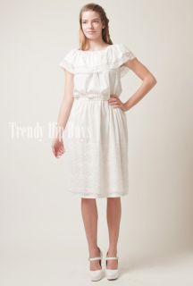 Vintage 70s Pretty White Cape Lace Edge Collar Prarie Aline Dress M L 