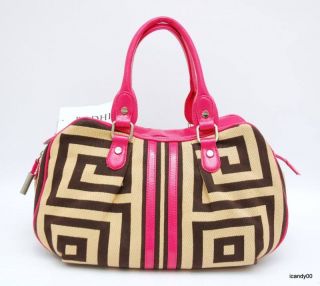 Bodhi Geo Fabric Patent Leather Satchel Bag Handbag Tote Tan Pink 