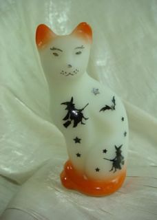Fenton Stylized Cat Opal Satin Halloween AirBrushed Sand Carved W Bats 