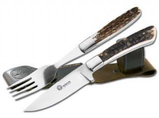 Boker Arbolito Salida Fuerte Stag Knife and Fork Set w/ Leather Sheath 