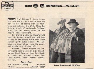 1965 TV Ad Bonanza Episode Ponderosa Birdman w Ed Wynn Lorne Greene 