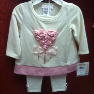 BONNIE BABY 2pc Outfit Ivory Pink Top Leggings Flowers Ribbons Sz 