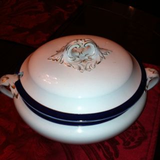 Vintage Booths Silicon China England Soup Tureen with Lid Cobalt Gold 