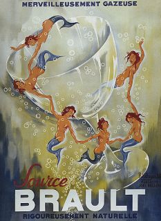 FRENCH LIMONADE GLASS SOURCE BRAULT MERMAIDS GIRLS VINTAGE POSTER 